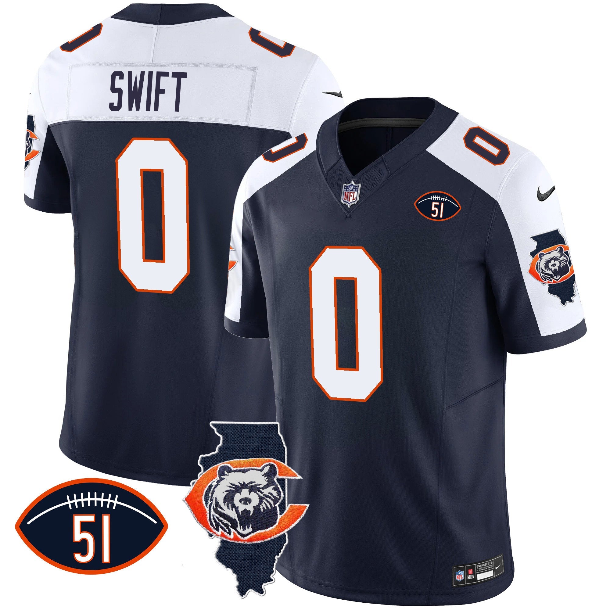 Bears Throwback Illinois Patch Vapor Jersey – All Stitched – Navy Alternate – D’Andre Swift Jersey
