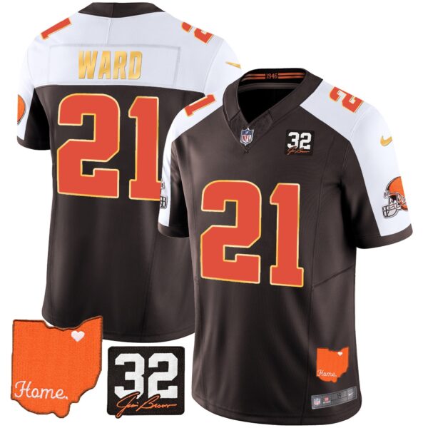 Browns #32 Jim Brown Memorial & Home Patch Gold Trim Jersey – All Stitched – Alternate – Denzel Ward Jersey