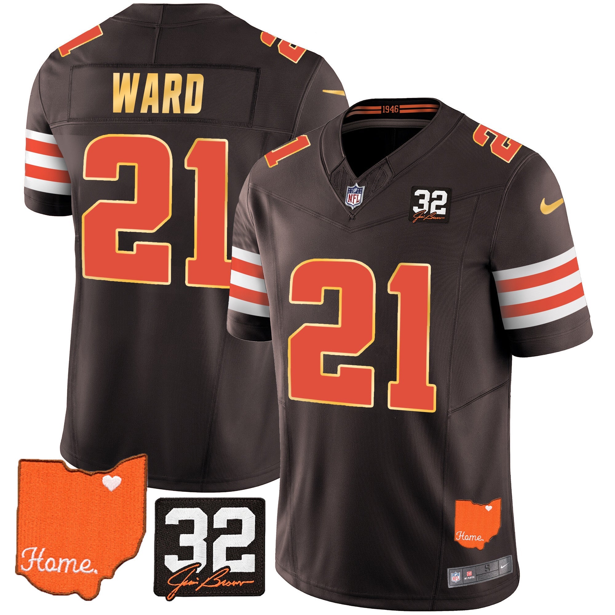 Browns #32 Jim Brown Memorial & Home Patch Gold Trim Jersey – All Stitched – Brown – Denzel Ward Jersey