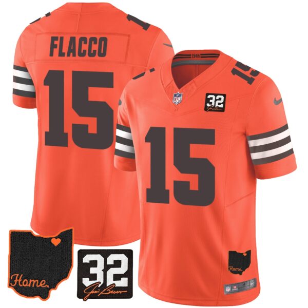 Browns #32 Jim Brown Memorial & Home Patch Jersey V3 – All Stitched – Orange – Joe Flacco Jersey