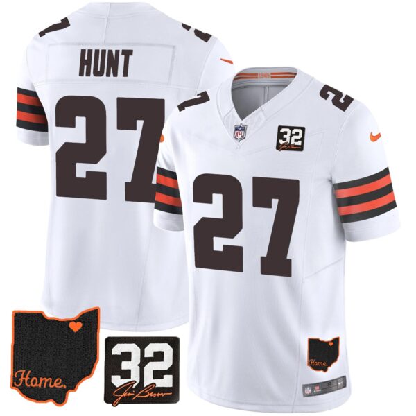 Browns #32 Jim Brown Memorial & Home Patch Jersey V3 – All Stitched – White – Kareem Hunt Jersey