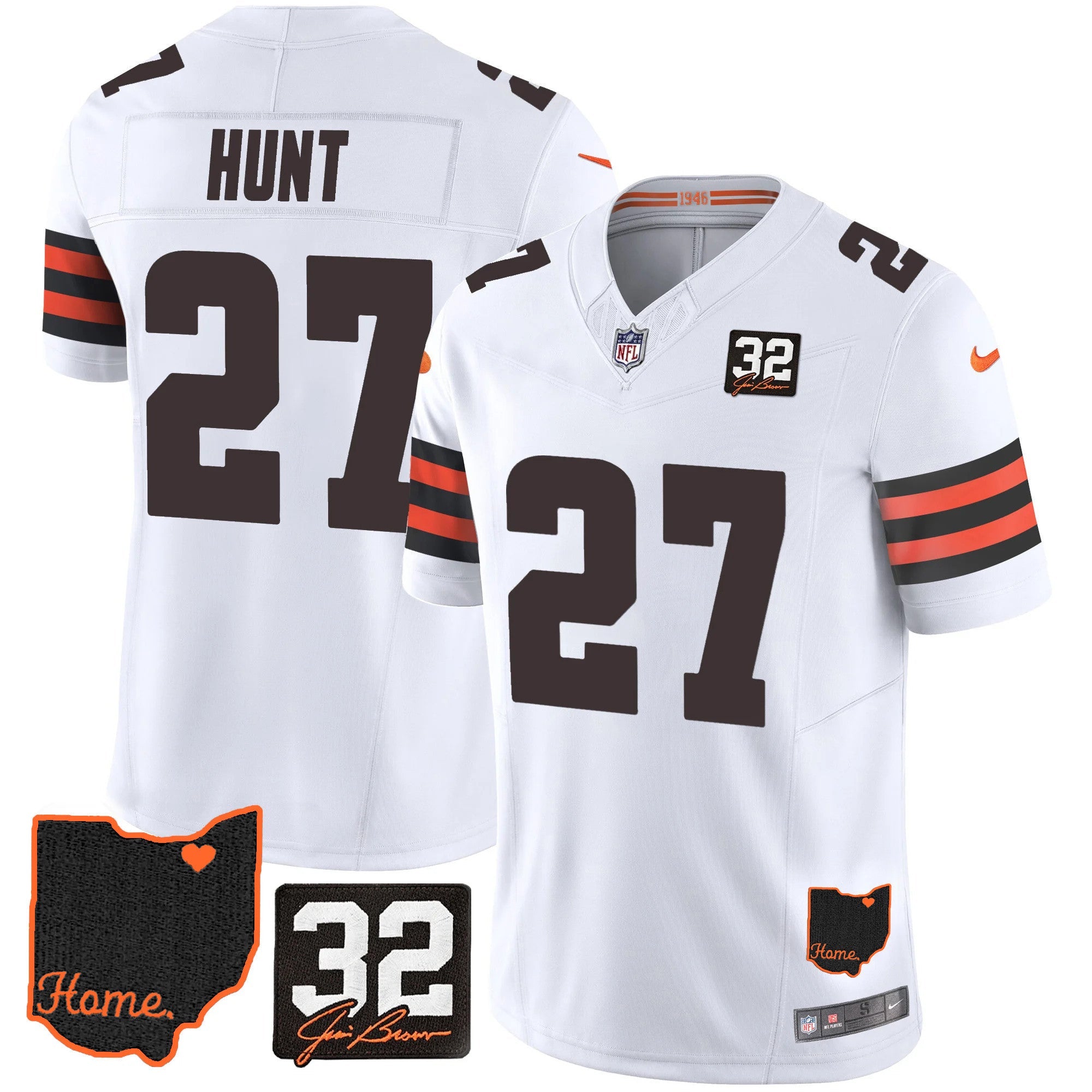 Browns #32 Jim Brown Memorial & Home Patch Jersey V3 – All Stitched – White – Kareem Hunt Jersey