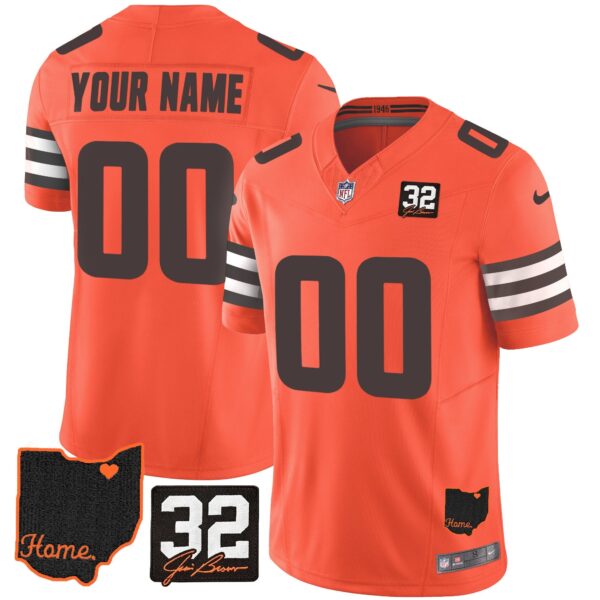 Browns #32 Jim Brown Memorial & Home Patch Custom Jersey V3 – All Stitched – Orange Jersey