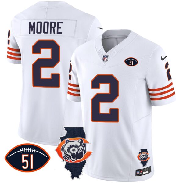 Bears Throwback Illinois Patch Vapor Jersey – All Stitched – White – D.J. Moore Jersey