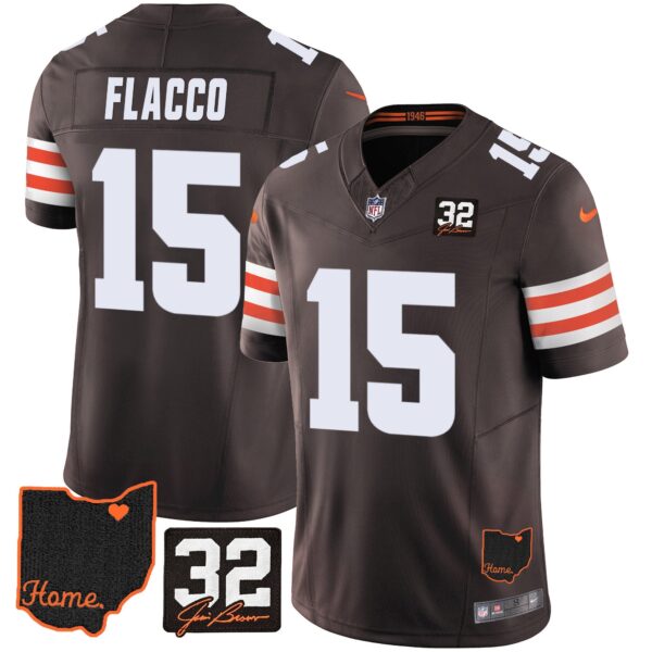 Browns #32 Jim Brown Memorial & Home Patch Jersey V3 – All Stitched – Brown – Joe Flacco Jersey