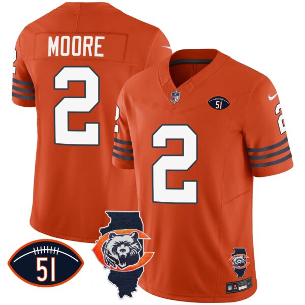 Bears Throwback Illinois Patch Vapor Jersey – All Stitched – Orange – D.J. Moore Jersey