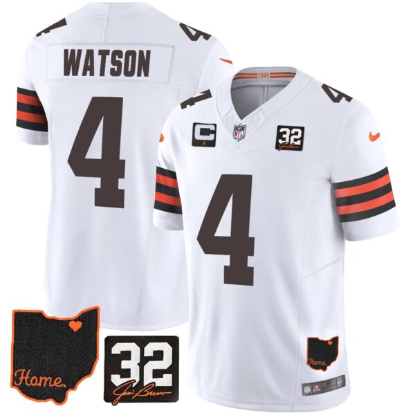 Browns #32 Jim Brown Memorial & Home Patch Jersey V3 – All Stitched – White – Deshaun Watson Jersey