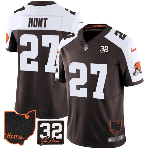 Browns #32 Jim Brown Memorial & Home Patch Jersey V3 – All Stitched – Alternate – Kareem Hunt Jersey
