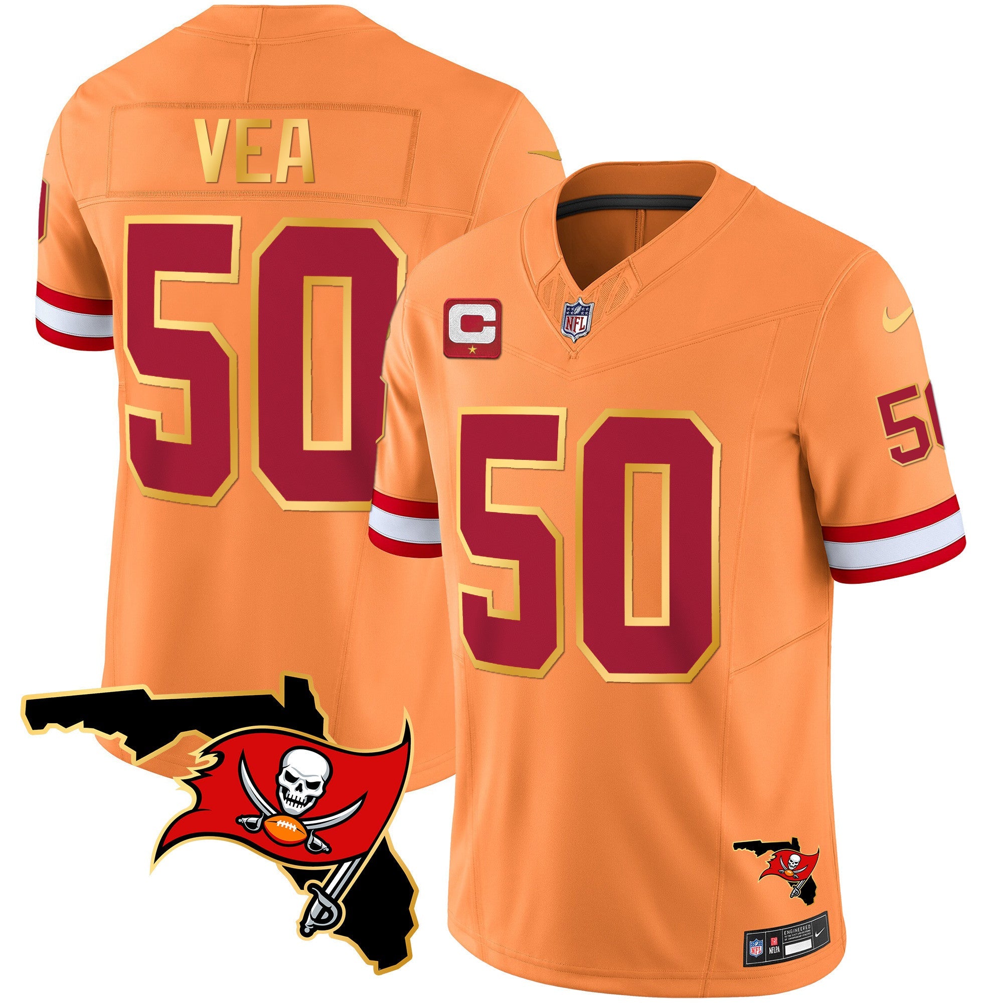 Buccaneers Florida Patch Gold Trim Vapor Jersey – All Stitched – Orange – Vita Vea Jersey