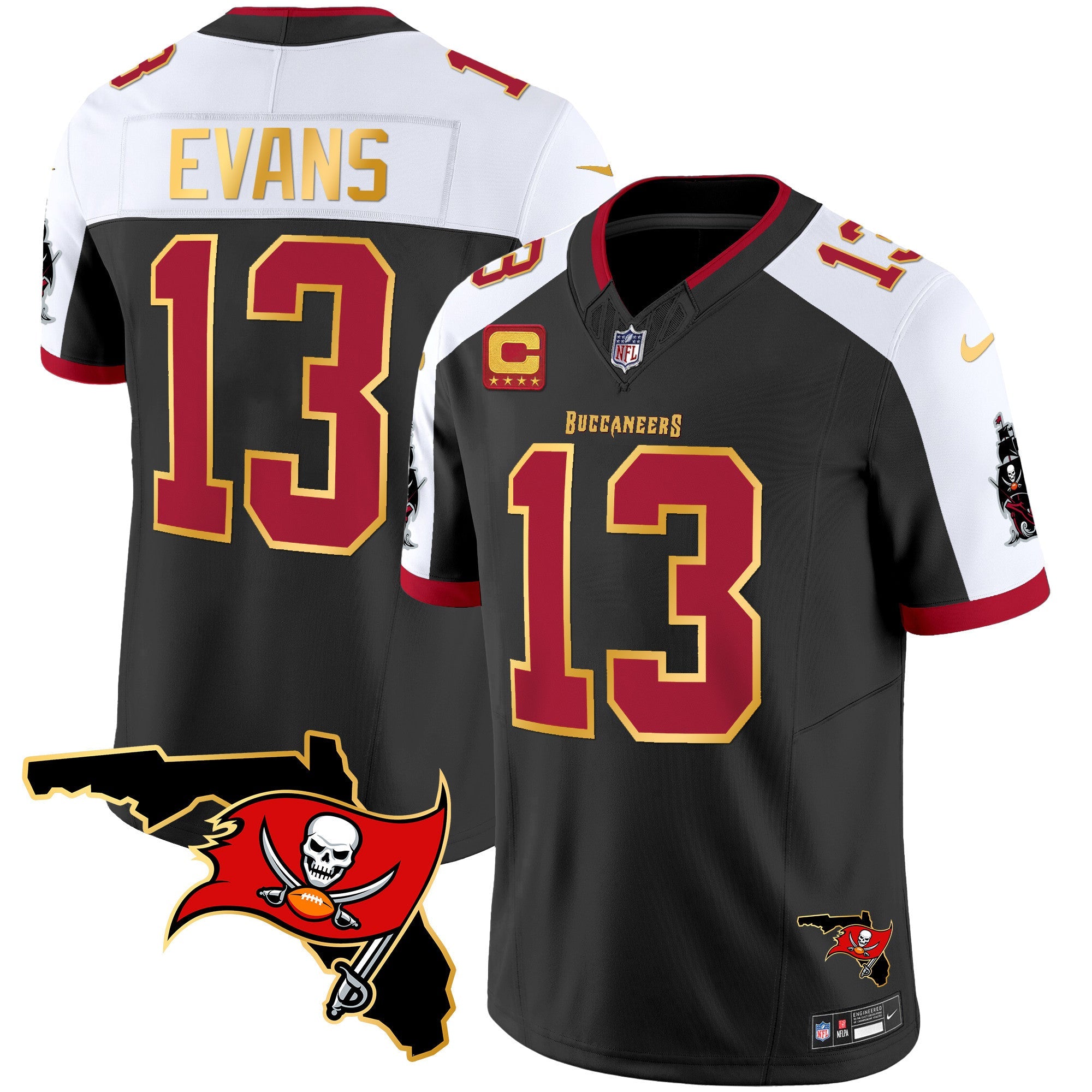 Buccaneers Florida Patch Gold Trim Vapor Jersey – All Stitched – Black Alternate – Mike Evans Jersey