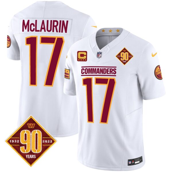 Washington Commanders 90th Anniversary Patch Vapor Jersey – All Stitched – White – Terry McLaurin Jersey