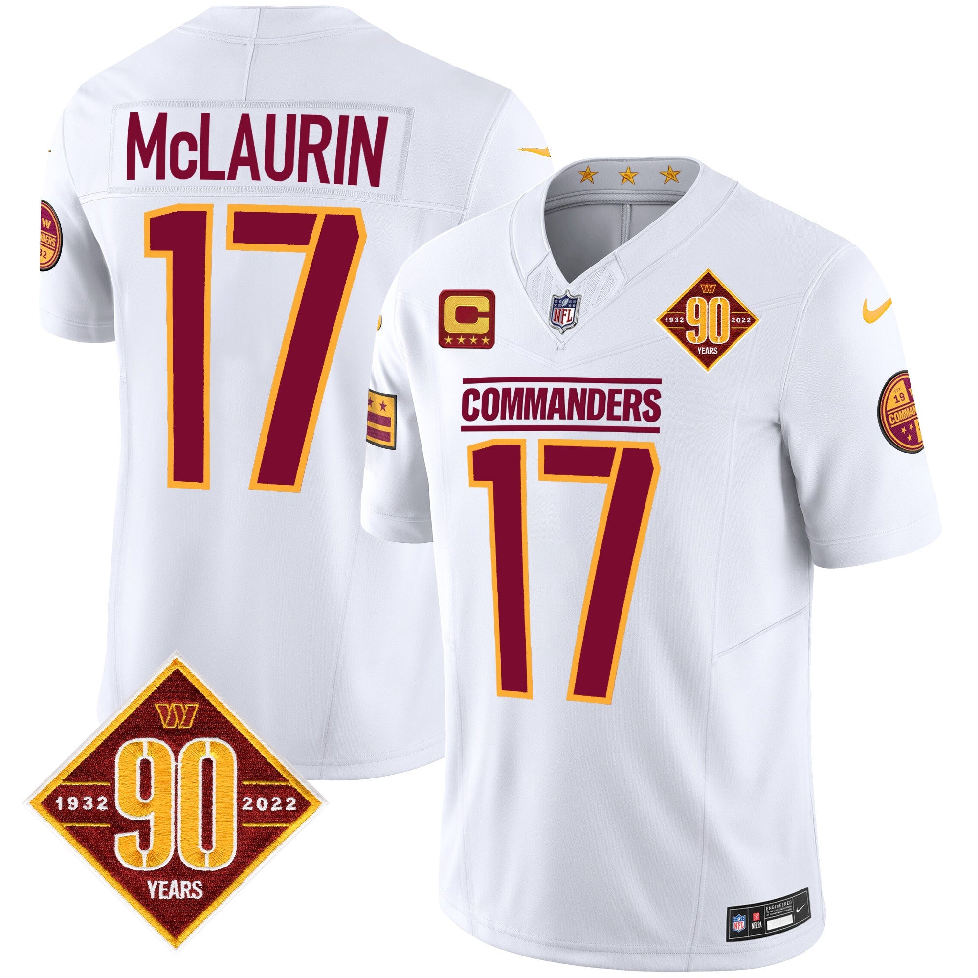 Washington Commanders 90th Anniversary Patch Vapor Jersey – All Stitched – White – Terry McLaurin Jersey