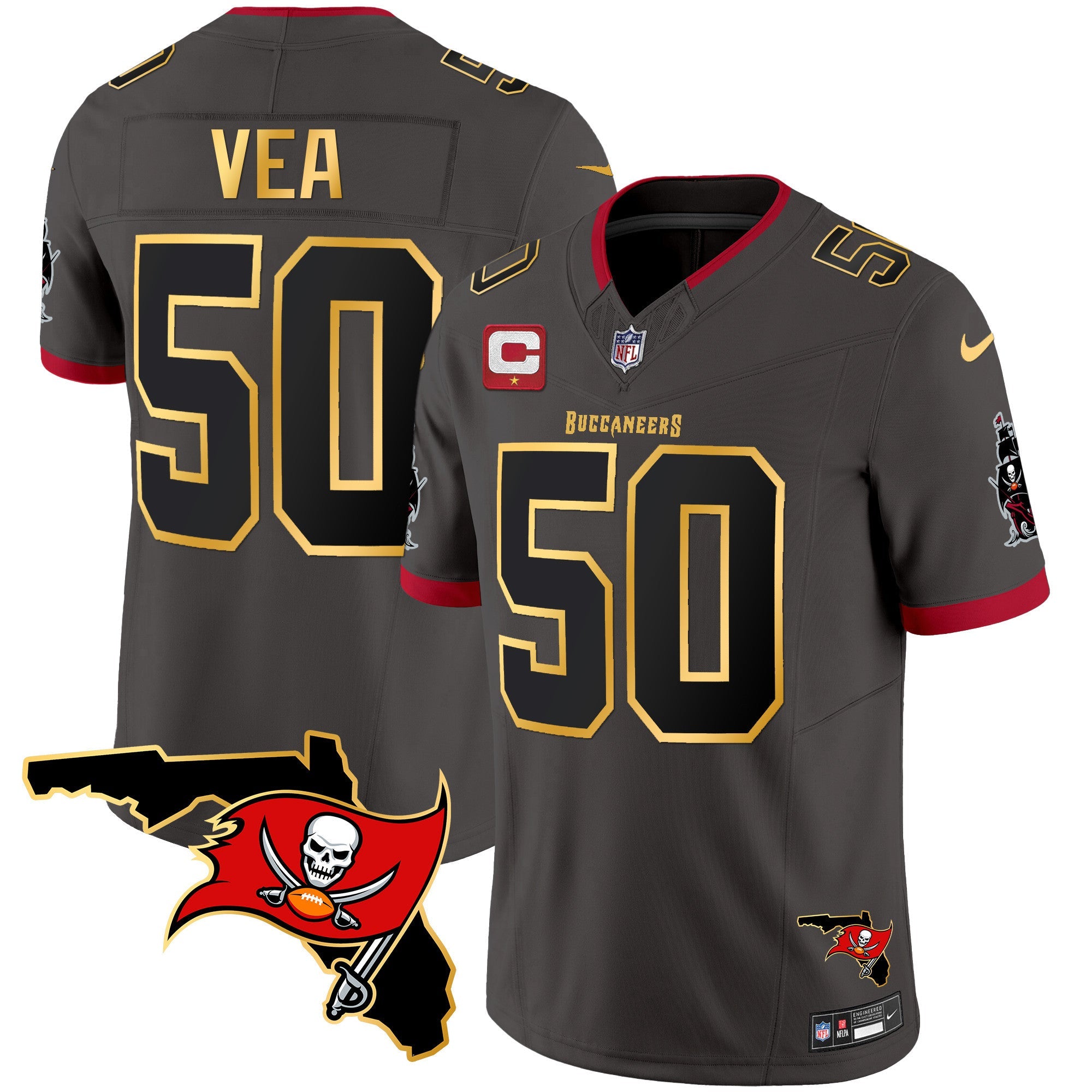 Buccaneers Florida Patch Gold Trim Vapor Jersey – All Stitched – Pewter – Vita Vea Jersey