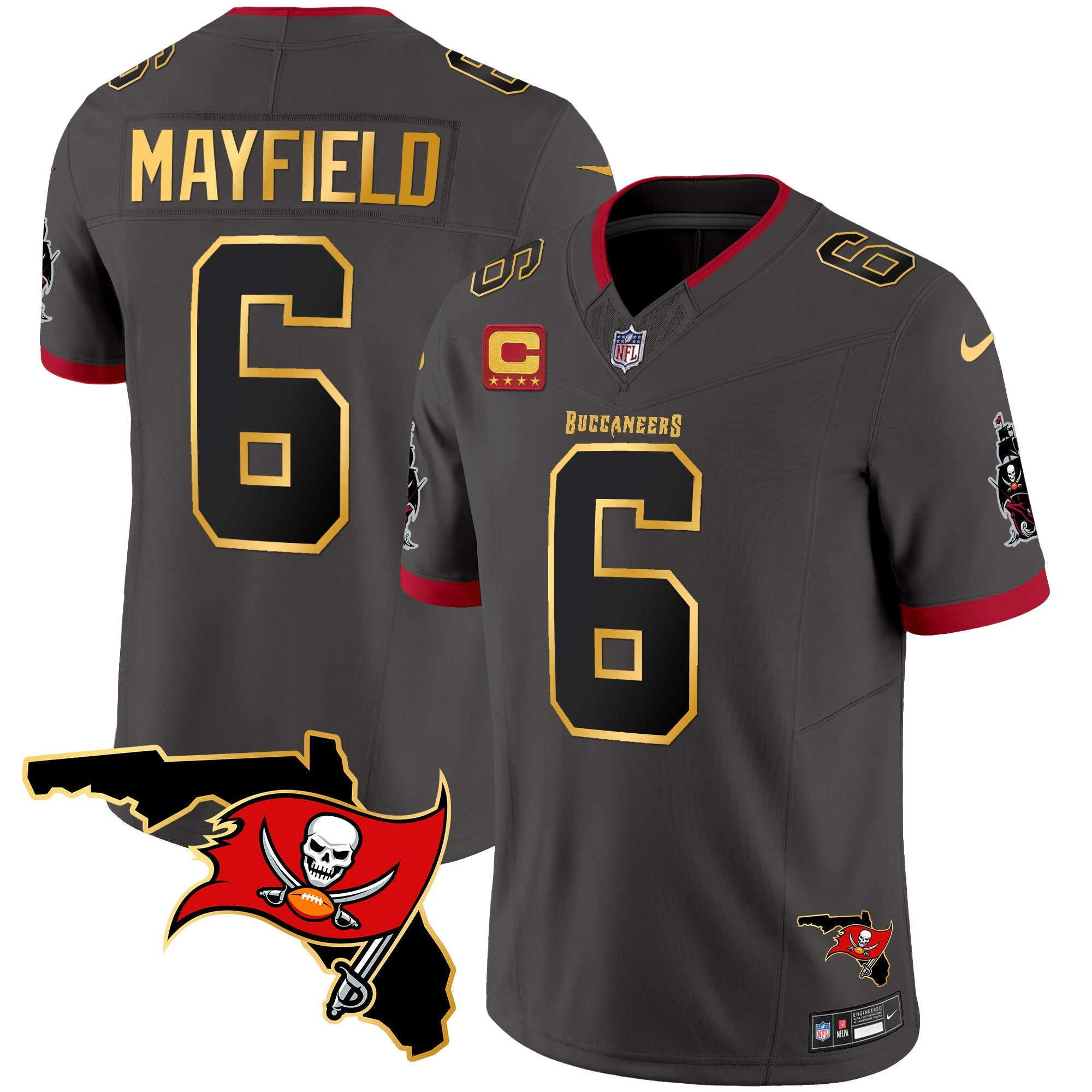 Buccaneers Florida Patch Gold Trim Vapor Jersey – All Stitched – Pewter – Baker Mayfield Jersey