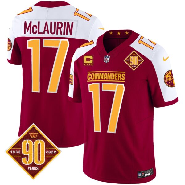Washington Commanders 90th Anniversary Patch Vapor Jersey – All Stitched – Burgundy Alternate – Terry McLaurin Jersey
