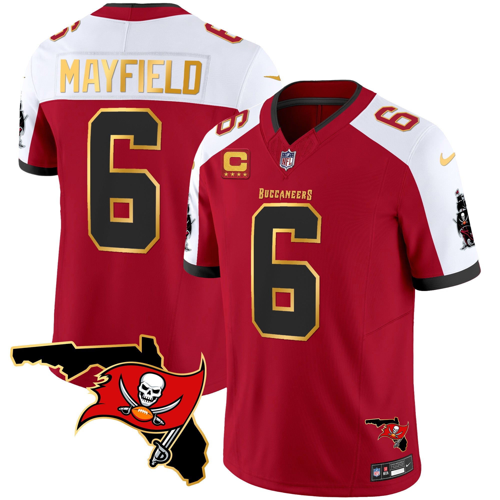 Buccaneers Florida Patch Gold Trim Vapor Jersey – All Stitched – Red Alternate – Baker Mayfield Jersey
