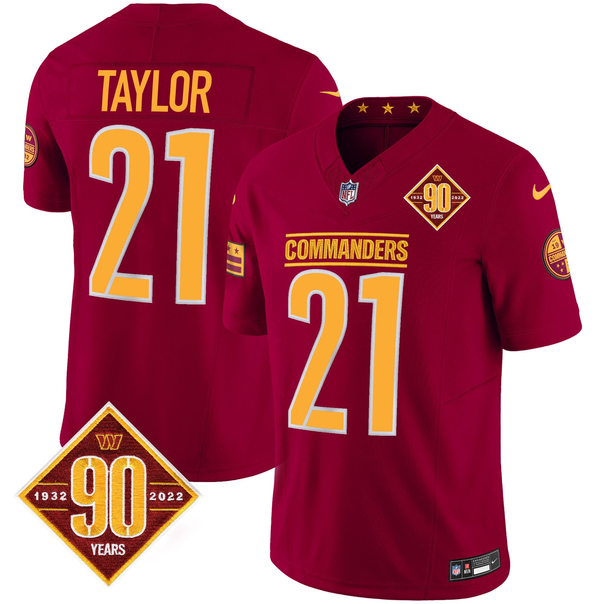 Washington Commanders 90th Anniversary Patch Vapor Jersey – All Stitched – Burgundy – Sean Taylor Jersey