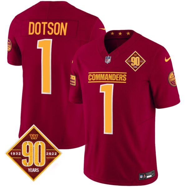 Washington Commanders 90th Anniversary Patch Vapor Jersey – All Stitched – Burgundy – Jahan Dotson Jersey