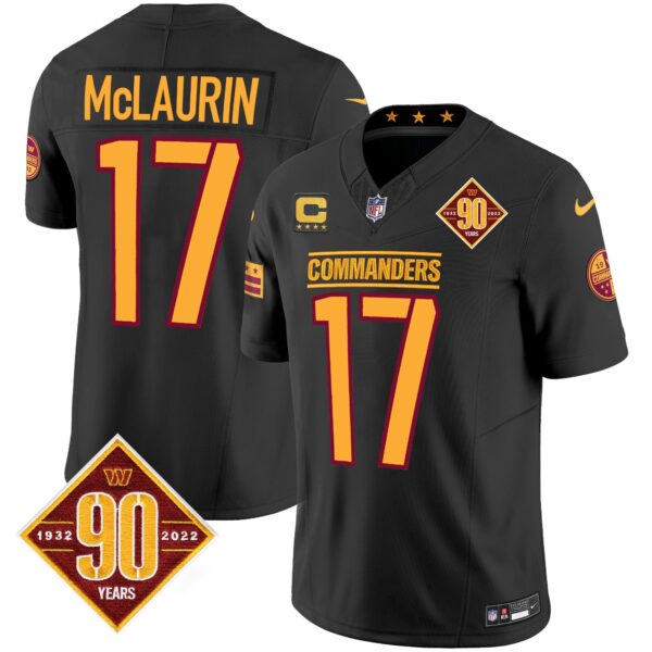 Washington Commanders 90th Anniversary Patch Vapor Jersey – All Stitched – Black – Terry McLaurin Jersey