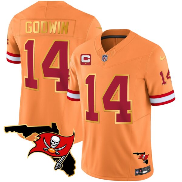 Buccaneers Florida Patch Gold Trim Vapor Jersey – All Stitched – Orange – Chris Godwin Jersey
