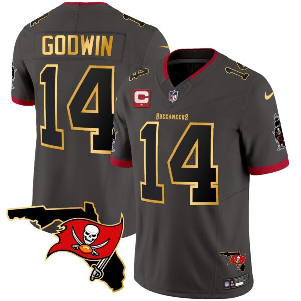 Buccaneers Florida Patch Gold Trim Vapor Jersey – All Stitched – Pewter – Chris Godwin Jersey