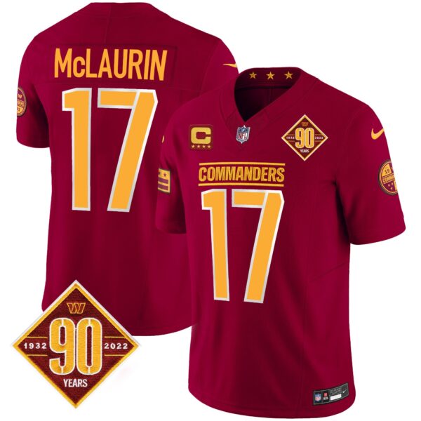 Washington Commanders 90th Anniversary Patch Vapor Jersey – All Stitched – Burgundy – Terry McLaurin Jersey