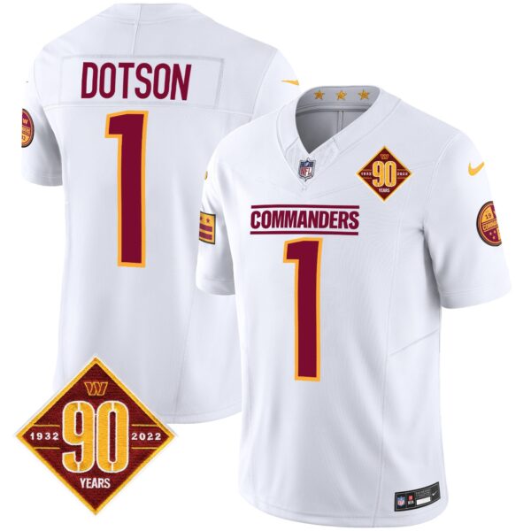 Washington Commanders 90th Anniversary Patch Vapor Jersey – All Stitched – White – Jahan Dotson Jersey