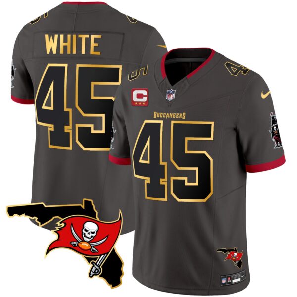 Buccaneers Florida Patch Gold Trim Vapor Jersey – All Stitched – Pewter – Devin White Jersey
