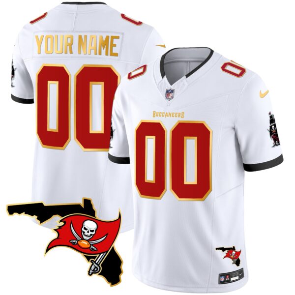 Buccaneers Florida Patch Gold Trim Vapor Custom Jersey – All Stitched – White Jersey
