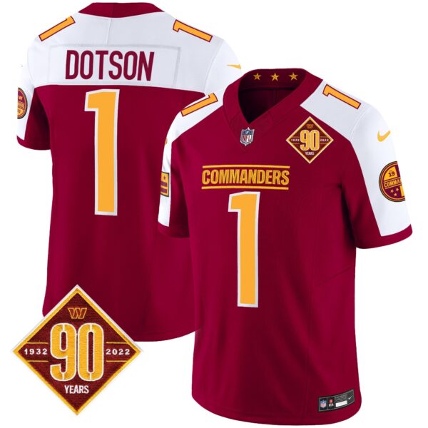 Washington Commanders 90th Anniversary Patch Vapor Jersey – All Stitched – Burgundy Alternate – Jahan Dotson Jersey