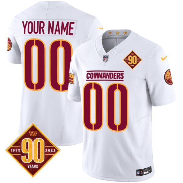 Washington Commanders 90th Anniversary Patch Vapor Custom Jersey – All Stitched – White Jersey