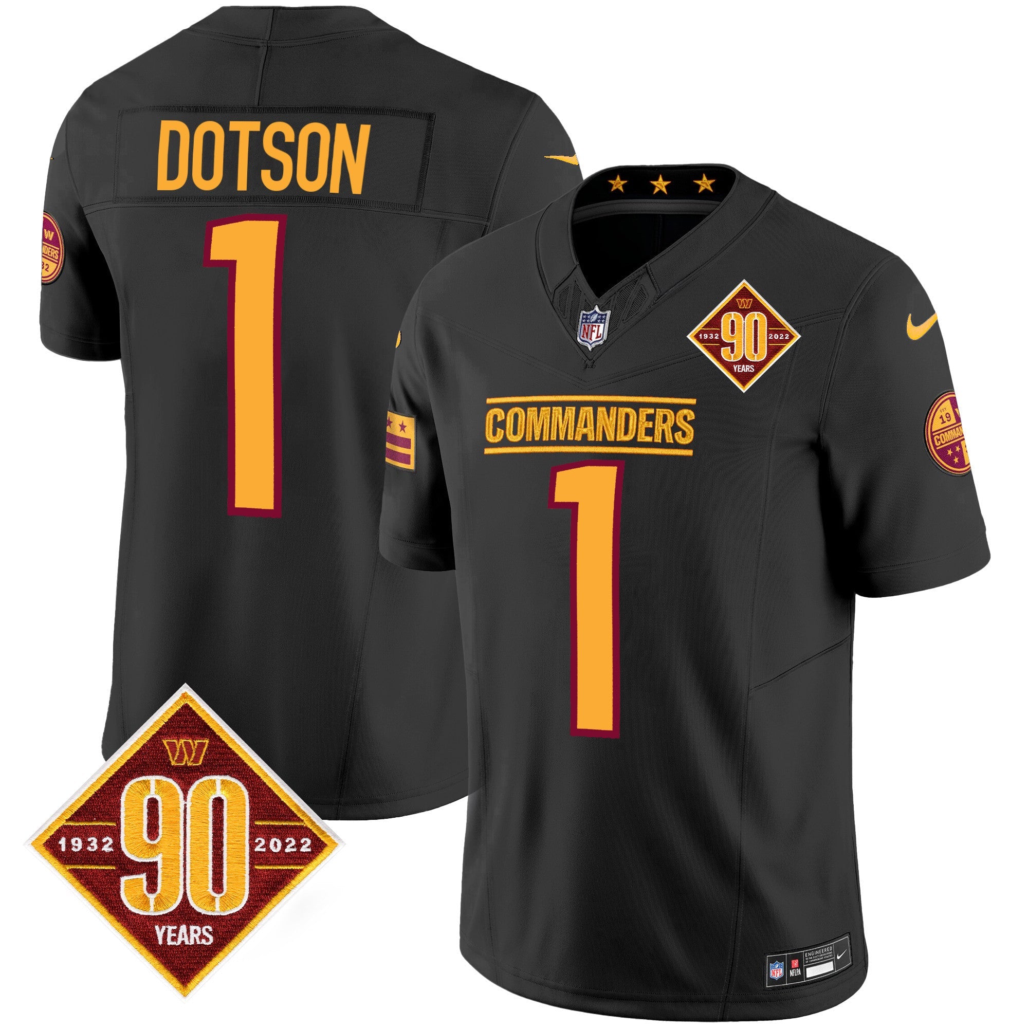 Washington Commanders 90th Anniversary Patch Vapor Jersey – All Stitched – Black – Jahan Dotson Jersey