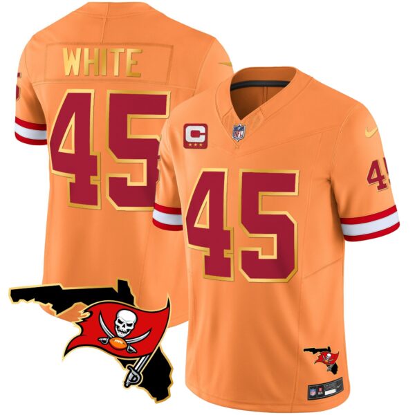 Buccaneers Florida Patch Gold Trim Vapor Jersey – All Stitched – Orange – Devin White Jersey