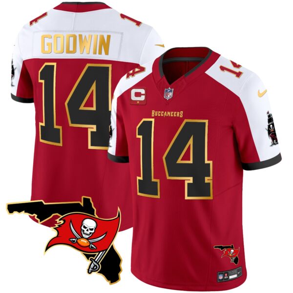 Buccaneers Florida Patch Gold Trim Vapor Jersey – All Stitched – Red Alternate – Chris Godwin Jersey