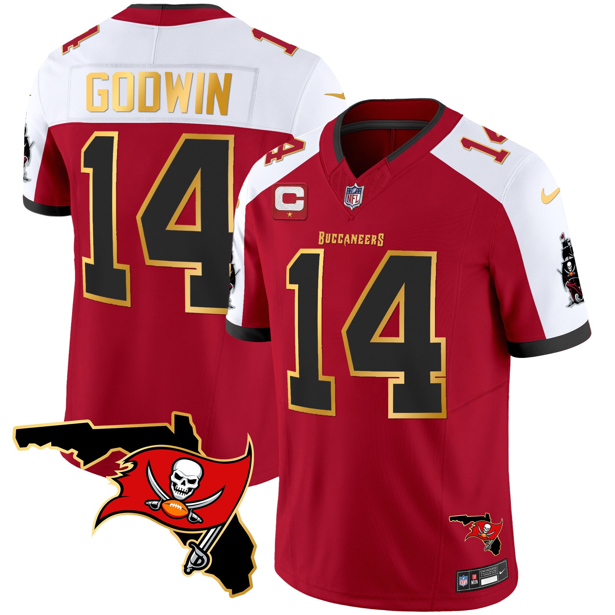 Buccaneers Florida Patch Gold Trim Vapor Jersey – All Stitched – Red Alternate – Chris Godwin Jersey