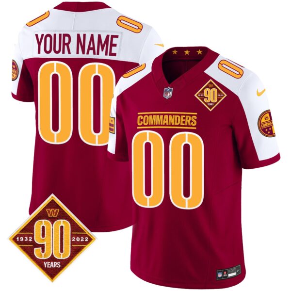 Washington Commanders 90th Anniversary Patch Vapor Custom Jersey – All Stitched – Burgundy Alternate Jersey