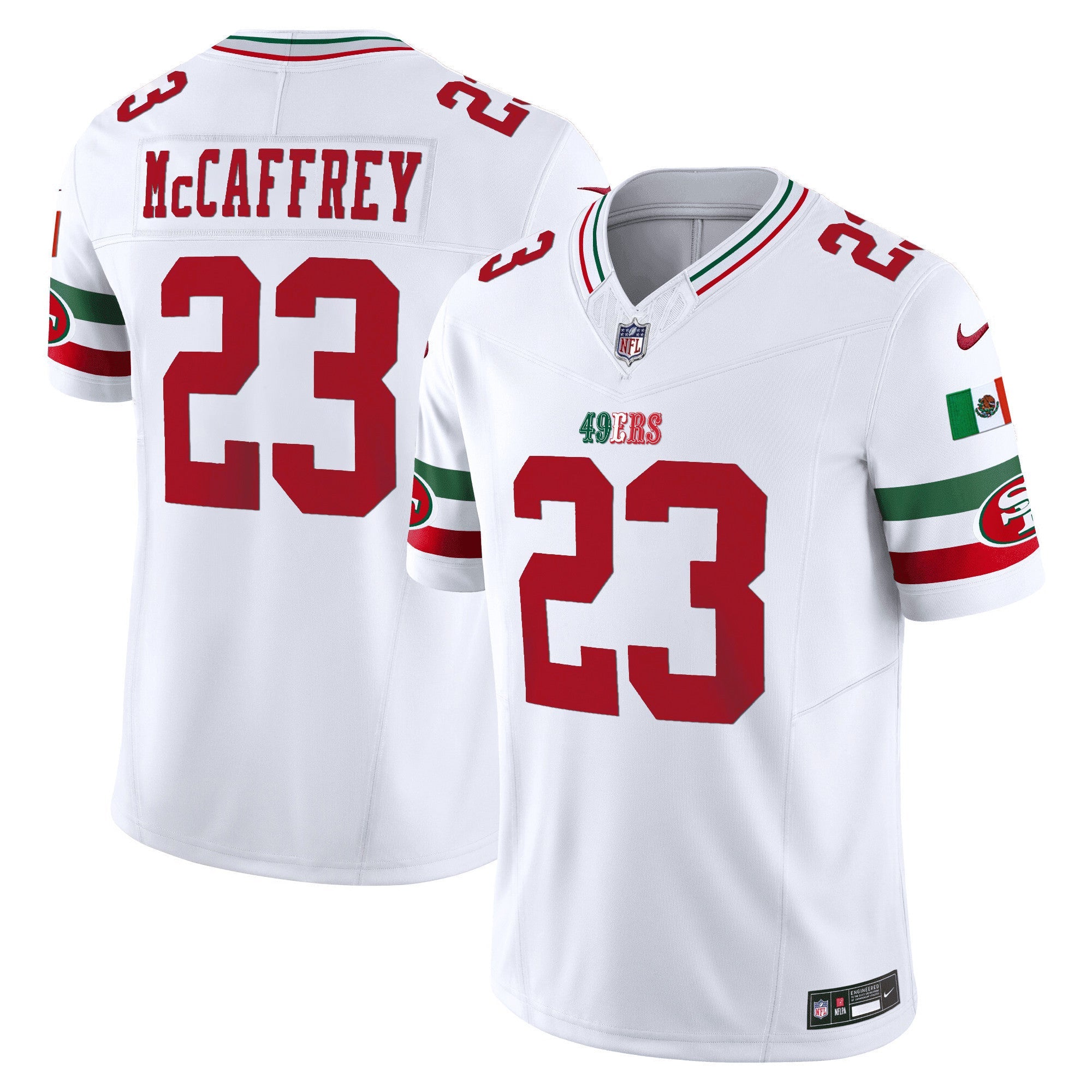 49ers Mexico Vapor Jersey V2 – All Stitched – White – Christian McCaffrey Jersey
