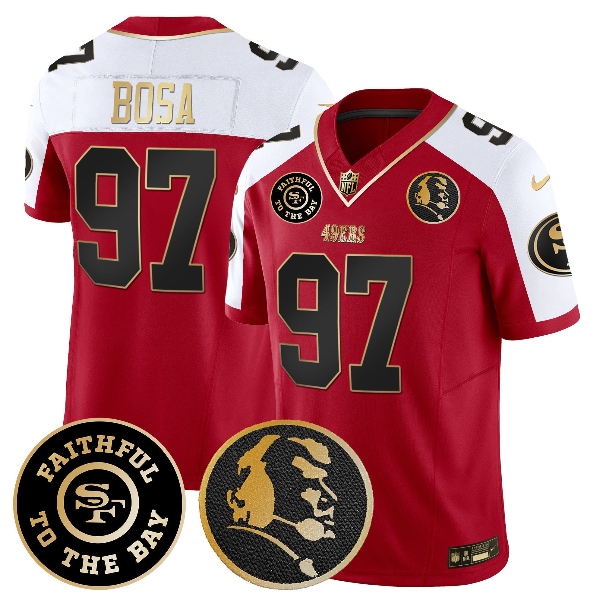 49ers Faithful & John Madden Patch Vapor Jersey – All Stitched – Alternate – Nick Bosa Jersey