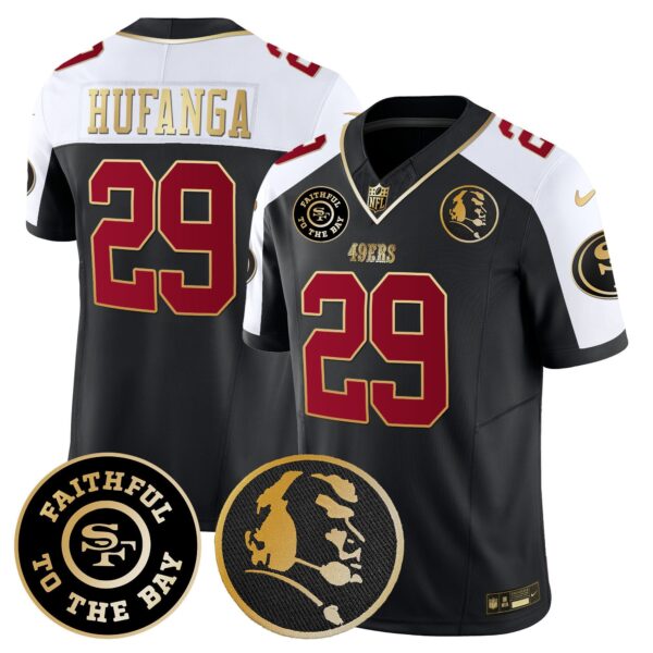 49ers Faithful & John Madden Patch Vapor Jersey – All Stitched – Black Alternate – Talanoa Hufanga Jersey