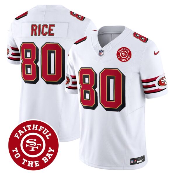 49ers Throwback Faithful To The Bay Patch Vapor Limited Jersey – All Stitched – White – Jerry Rice Jersey