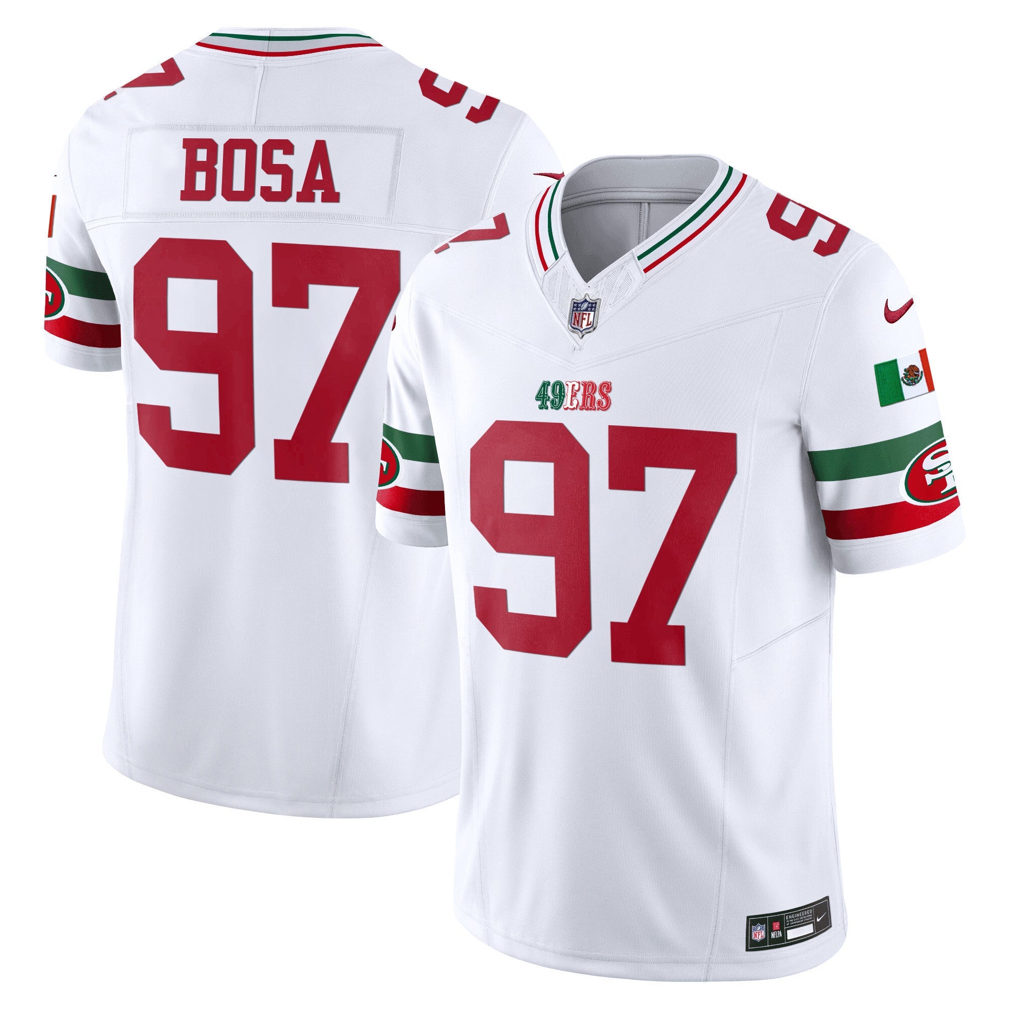 49ers Mexico Vapor Jersey V2 – All Stitched – White – Nick Bosa Jersey
