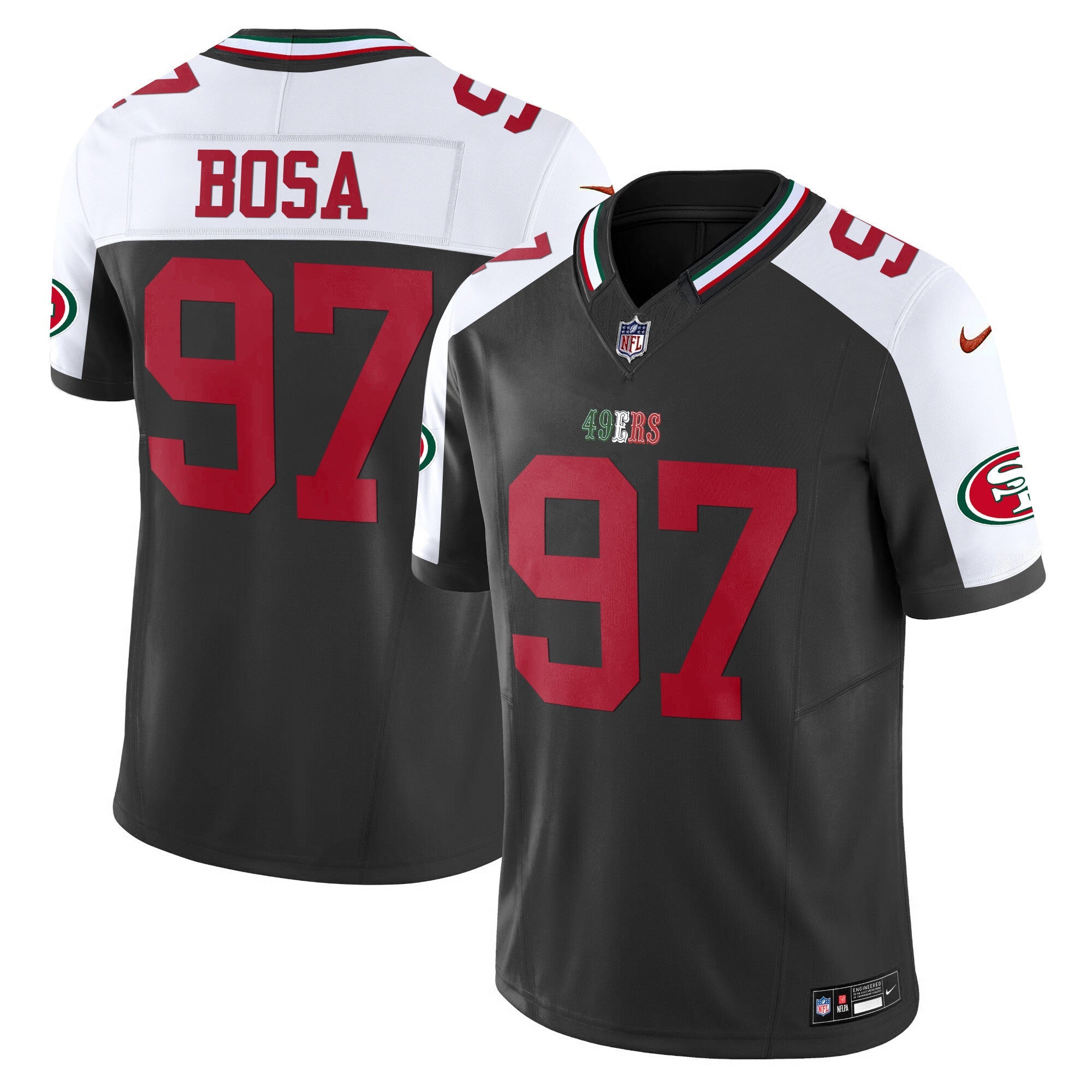 49ers Mexico Vapor Jersey V2 – All Stitched – Black Alternate – Nick Bosa Jersey