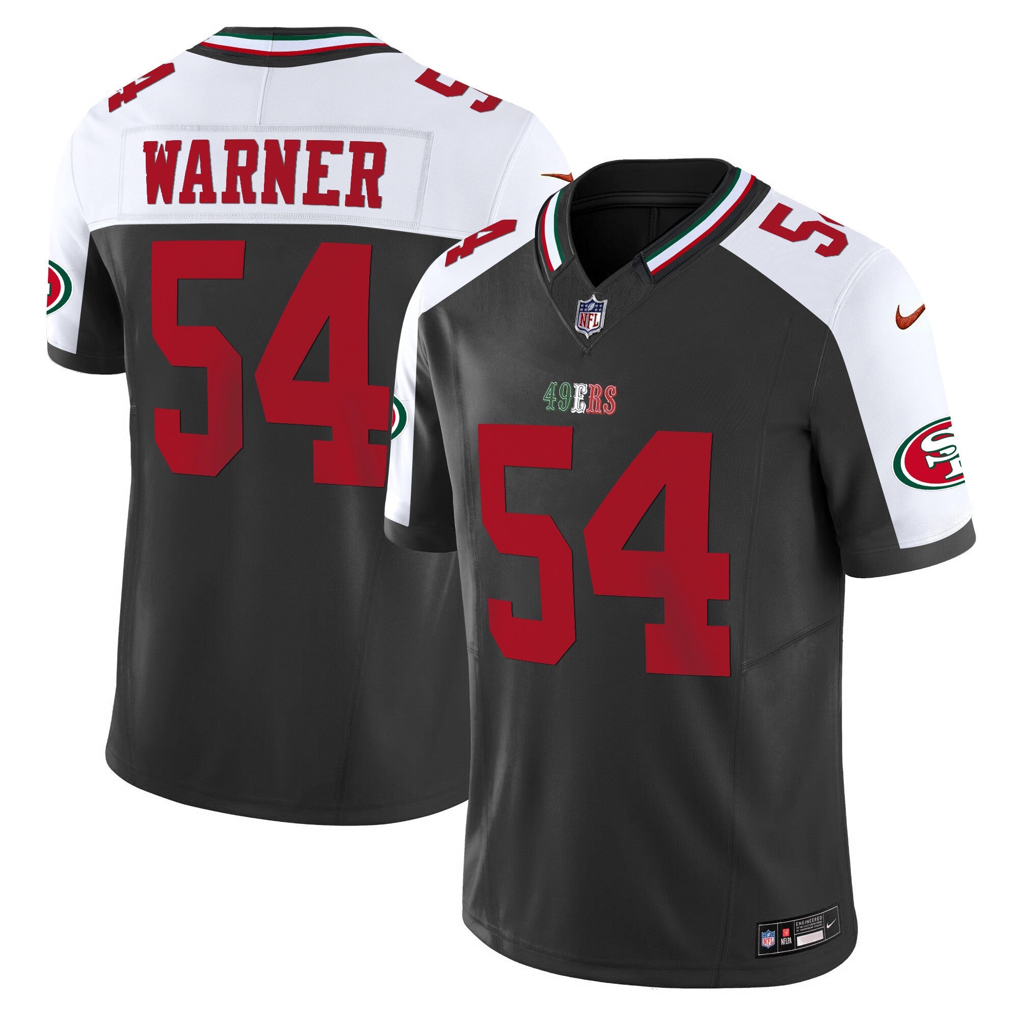 49ers Mexico Vapor Jersey V2 – All Stitched – Black Alternate – Fred Warner Jersey
