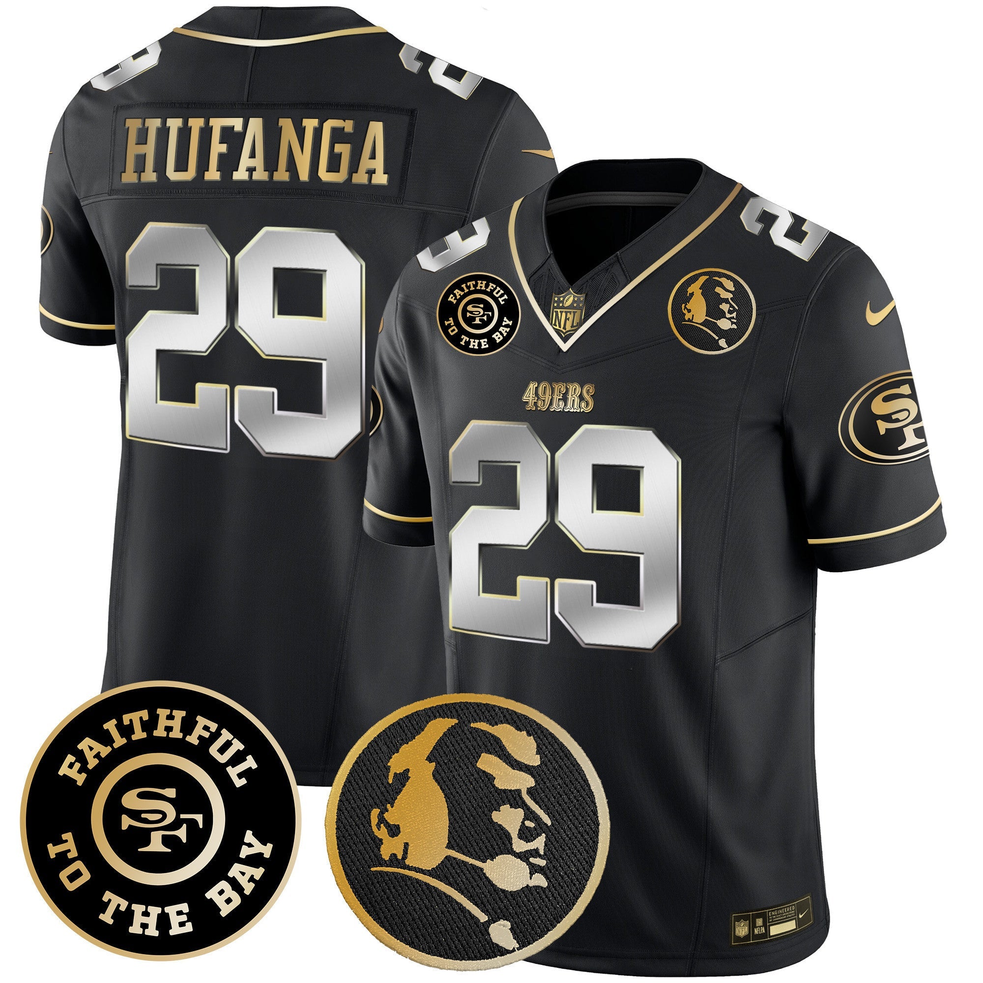 49ers Faithful & John Madden Patch Vapor Jersey – All Stitched – Black Limited – Talanoa Hufanga Jersey