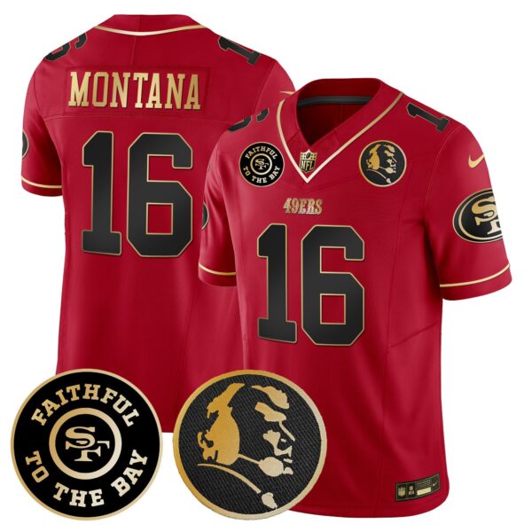 49ers Faithful & John Madden Patch Vapor Jersey – All Stitched – Scarlet Limited – Joe Montana Jersey