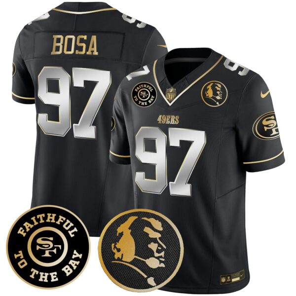 49ers Faithful & John Madden Patch Vapor Jersey – All Stitched – Black Limited – Nick Bosa Jersey