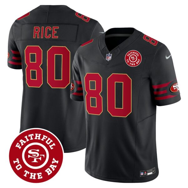 49ers Throwback Faithful To The Bay Patch Vapor Limited Jersey – All Stitched – Black – Jerry Rice Jersey