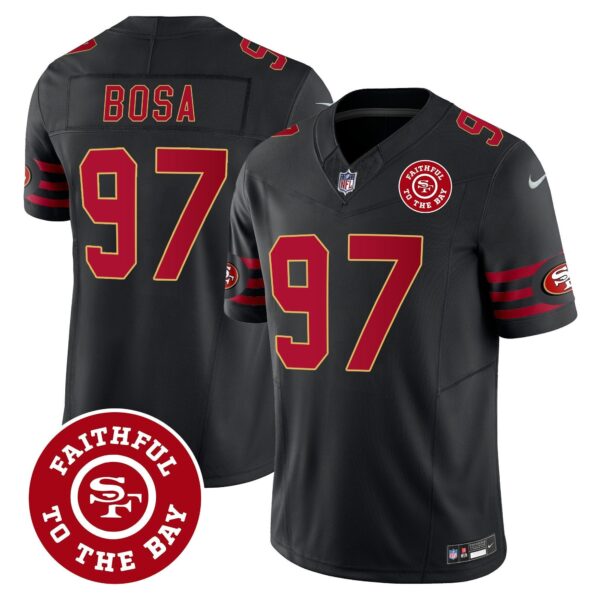 49ers Throwback Faithful To The Bay Patch Vapor Limited Jersey – All Stitched – Black – Nick Bosa Jersey