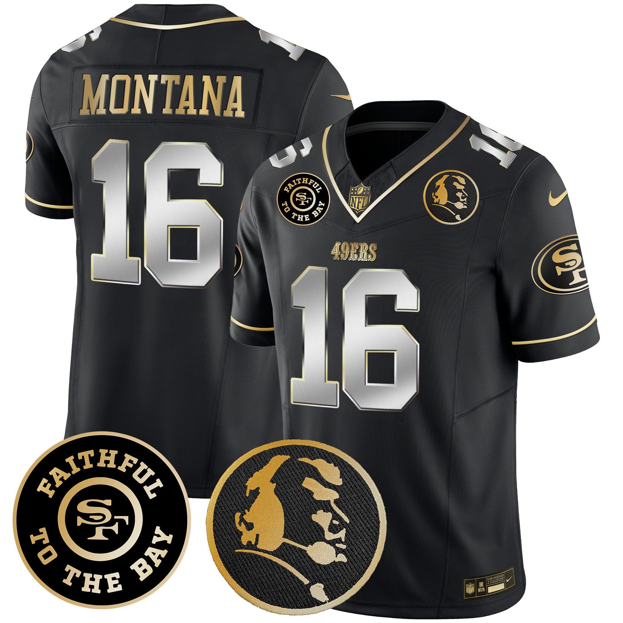 49ers Faithful & John Madden Patch Vapor Jersey – All Stitched – Black Limited – Joe Montana Jersey
