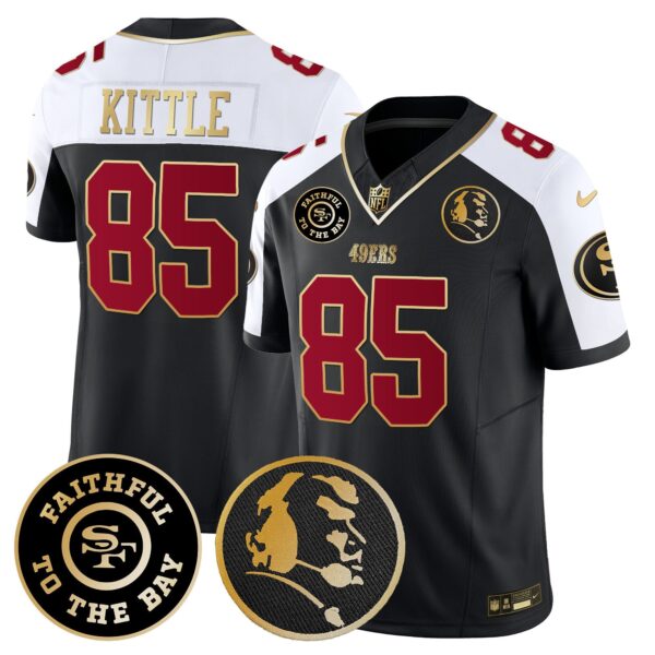 49ers Faithful & John Madden Patch Vapor Jersey – All Stitched – Black Alternate – George Kittle Jersey